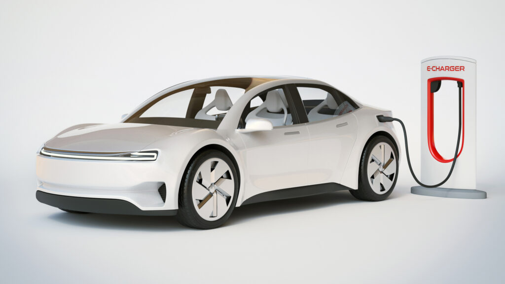 Electric car charging station, electric vehicle concept 3d rende
